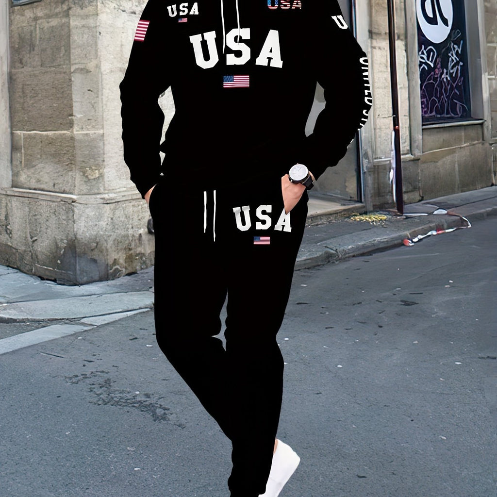 USA Letter Print Casual Hooded Sweatsuit Set for Men - 100% Polyester Long Sleeve Hoodie and Drawstring Joggers with Slight Stretch - Spring/Fall Outdoor Leisure Tracksuit - La Tienda Bella