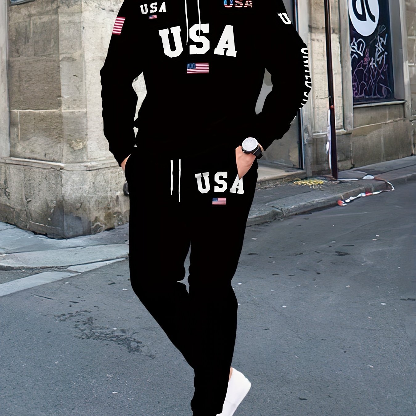 USA Letter Print Casual Hooded Sweatsuit Set for Men - 100% Polyester Long Sleeve Hoodie and Drawstring Joggers with Slight Stretch - Spring/Fall Outdoor Leisure Tracksuit - La Tienda Bella