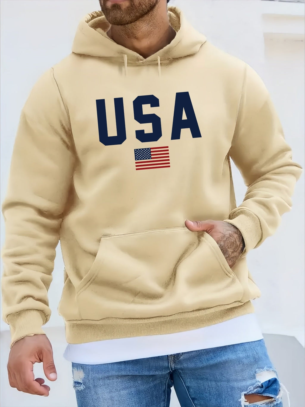 USA Print Hoodie, Cool Hoodies For Men, Men's Casual Pullover Hooded Sweatshirt With Kangaroo Pocket Streetwear For Winter Fall, As Gifts - La Tienda Bella
