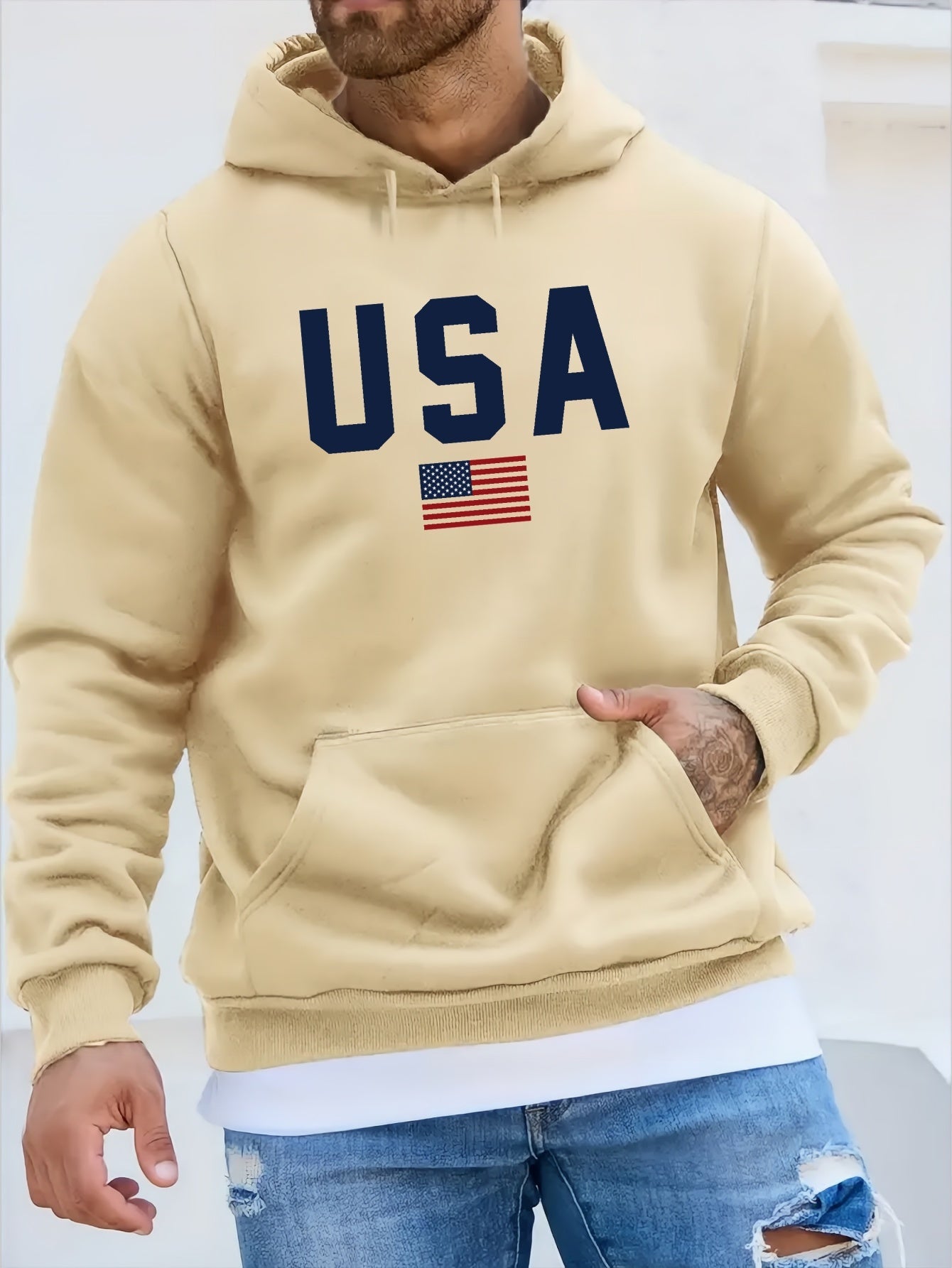 USA Print Hoodie, Cool Hoodies For Men, Men's Casual Pullover Hooded Sweatshirt With Kangaroo Pocket Streetwear For Winter Fall, As Gifts - La Tienda Bella