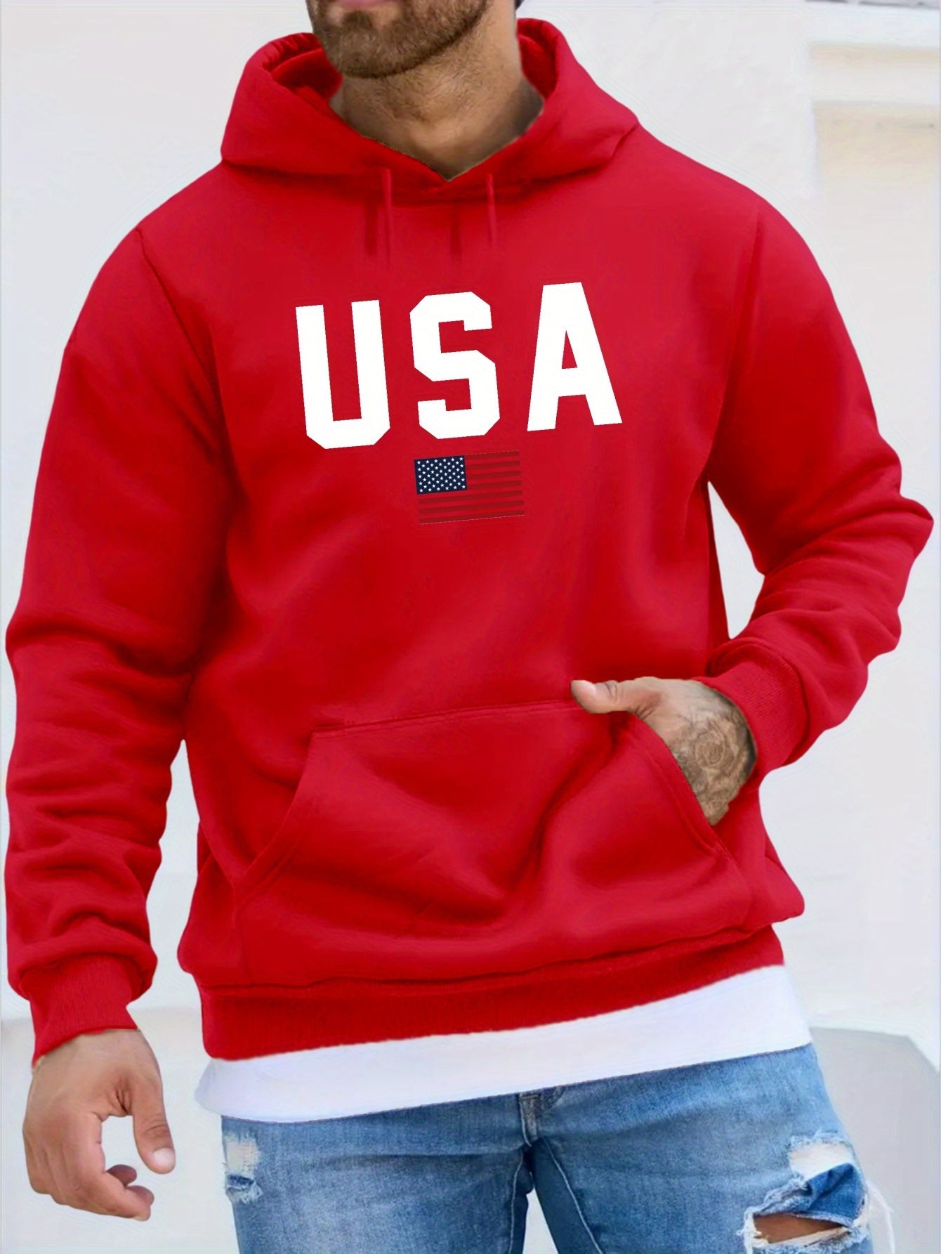 USA Print Hoodie, Cool Hoodies For Men, Men's Casual Pullover Hooded Sweatshirt With Kangaroo Pocket Streetwear For Winter Fall, As Gifts - La Tienda Bella