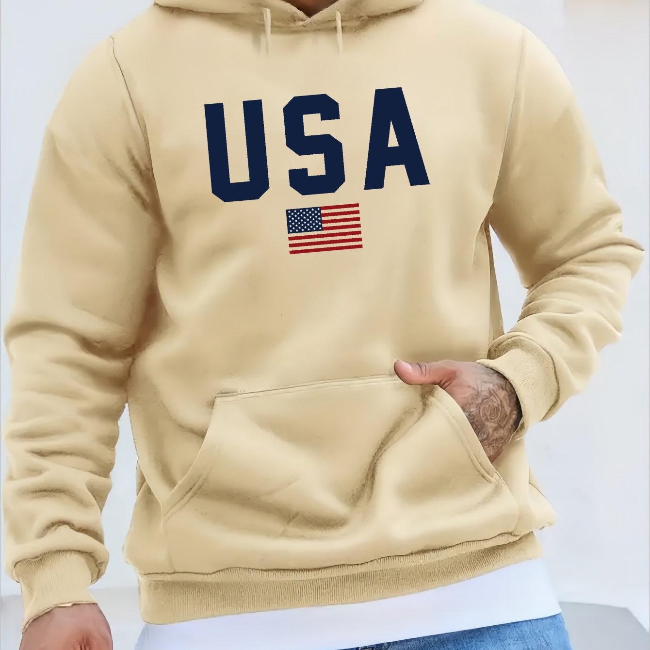 USA Print Hoodie, Cool Hoodies For Men, Men's Casual Pullover Hooded Sweatshirt With Kangaroo Pocket Streetwear For Winter Fall, As Gifts - La Tienda Bella