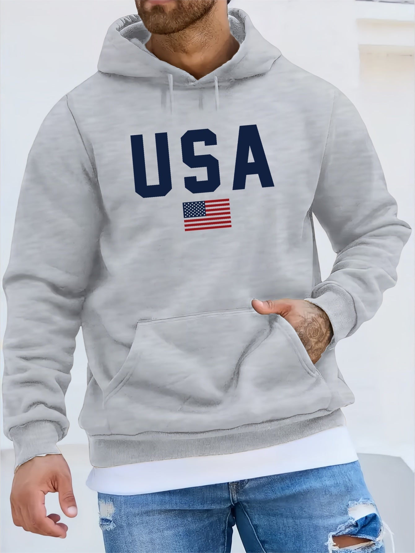 USA Print Hoodie, Cool Hoodies For Men, Men's Casual Pullover Hooded Sweatshirt With Kangaroo Pocket Streetwear For Winter Fall, As Gifts - La Tienda Bella