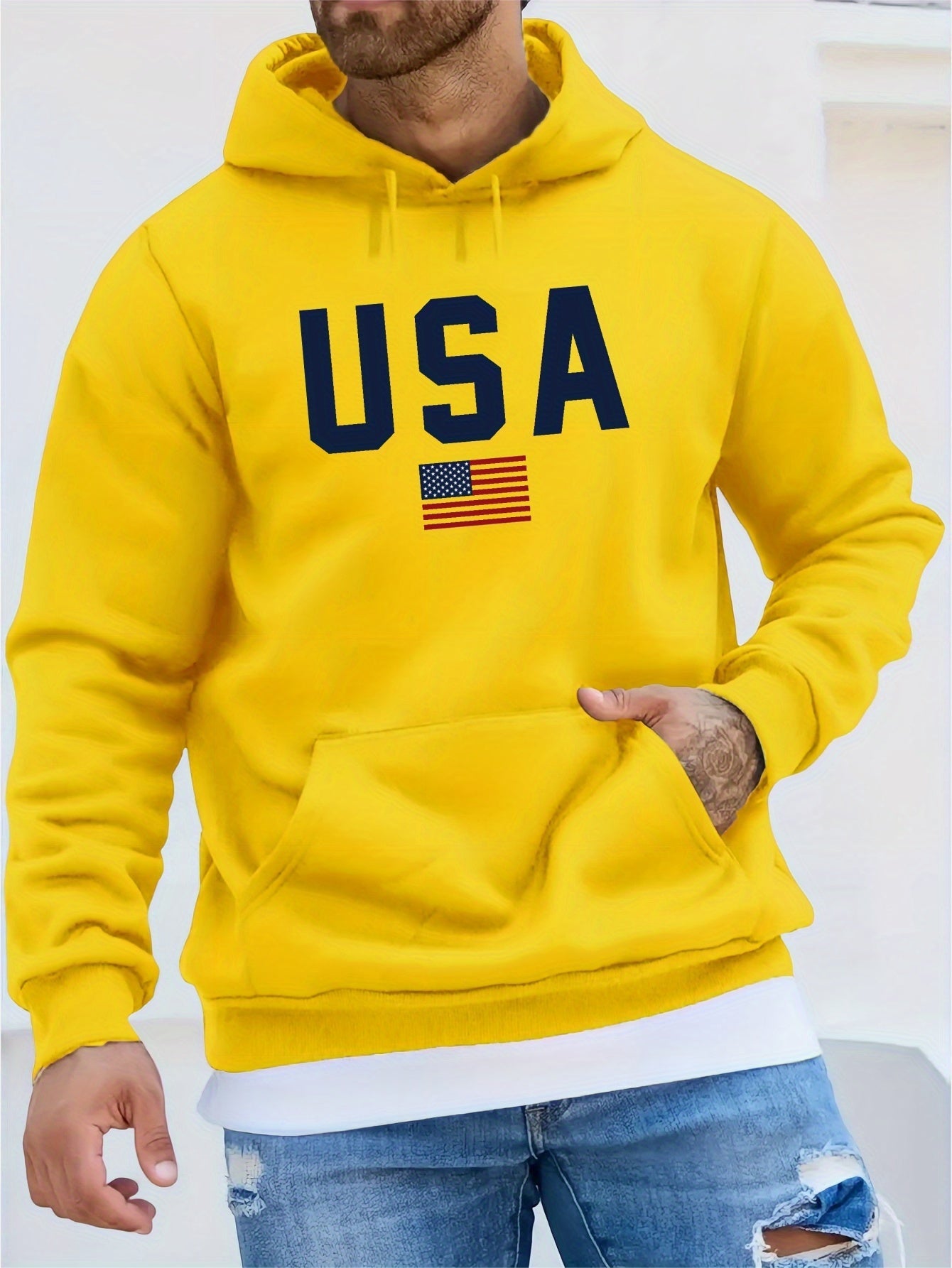 USA Print Hoodie, Cool Hoodies For Men, Men's Casual Pullover Hooded Sweatshirt With Kangaroo Pocket Streetwear For Winter Fall, As Gifts - La Tienda Bella