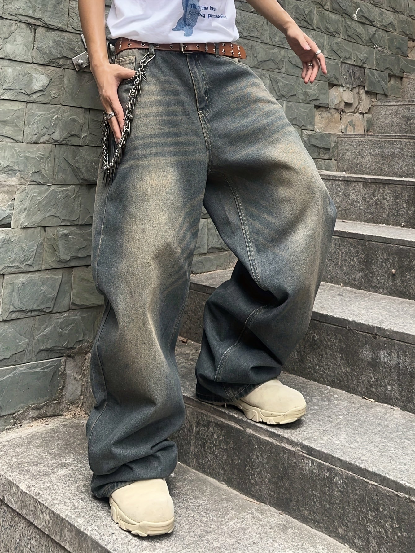 Vintage Washed Denim Jeans for Men - 85% Cotton 15% Polyester, Non - Stretch Fabric, Solid Color, Regular Length, All - Season, Loose Fit Style, Woven - Adult Casual Wide - Leg Pants - La Tienda Bella