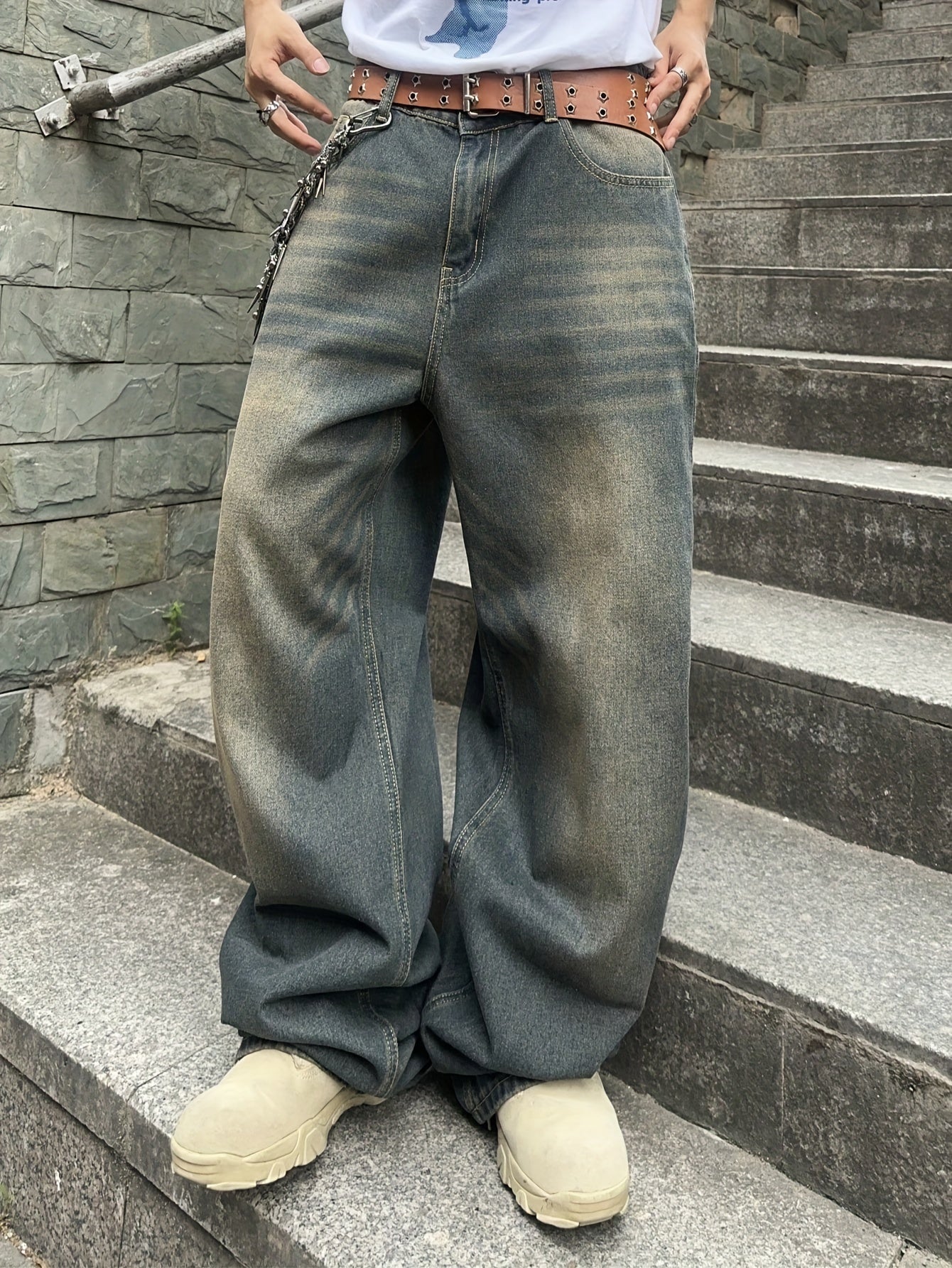Vintage Washed Denim Jeans for Men - 85% Cotton 15% Polyester, Non - Stretch Fabric, Solid Color, Regular Length, All - Season, Loose Fit Style, Woven - Adult Casual Wide - Leg Pants - La Tienda Bella
