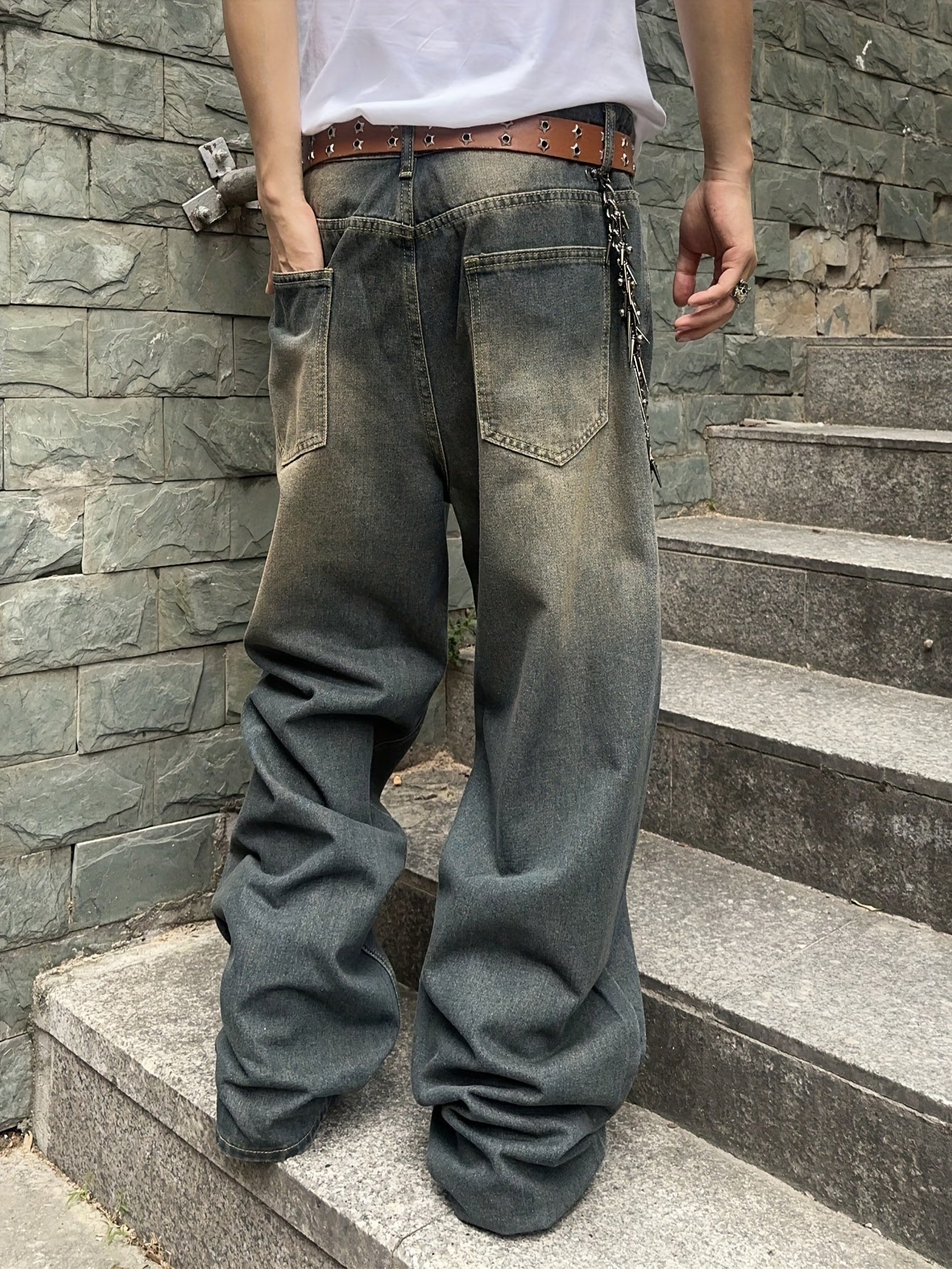 Vintage Washed Denim Jeans for Men - 85% Cotton 15% Polyester, Non - Stretch Fabric, Solid Color, Regular Length, All - Season, Loose Fit Style, Woven - Adult Casual Wide - Leg Pants - La Tienda Bella