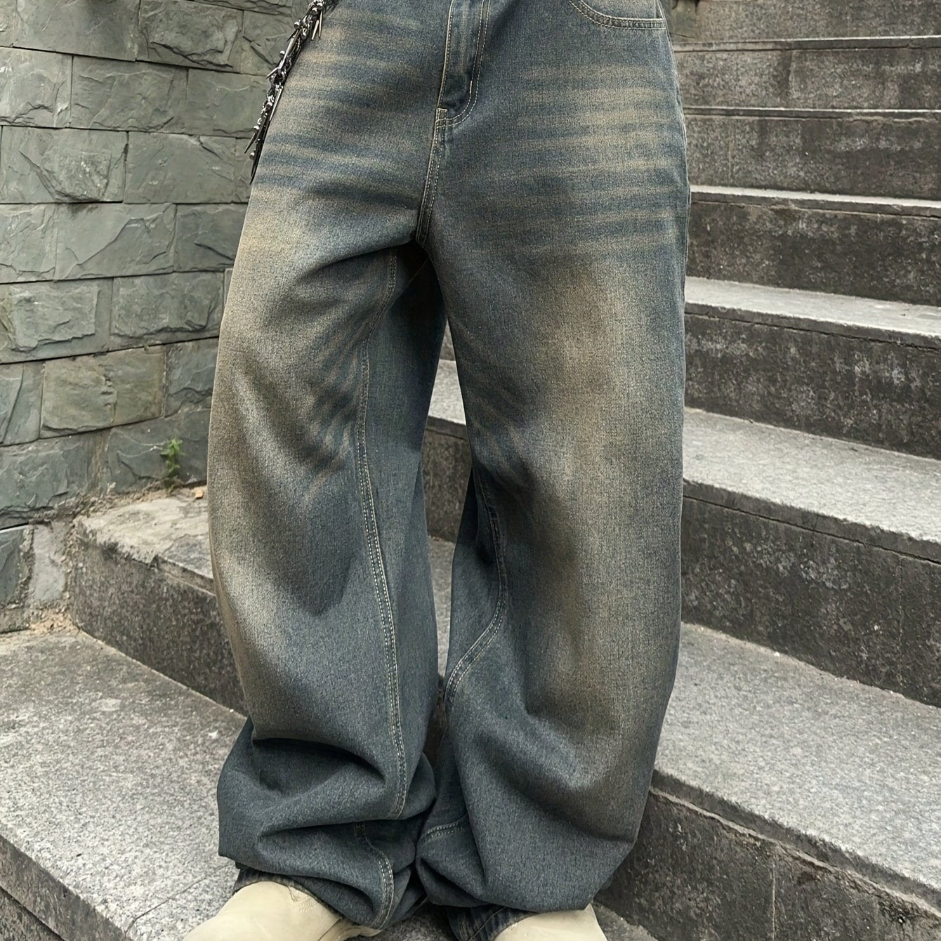 Vintage Washed Denim Jeans for Men - 85% Cotton 15% Polyester, Non - Stretch Fabric, Solid Color, Regular Length, All - Season, Loose Fit Style, Woven - Adult Casual Wide - Leg Pants - La Tienda Bella