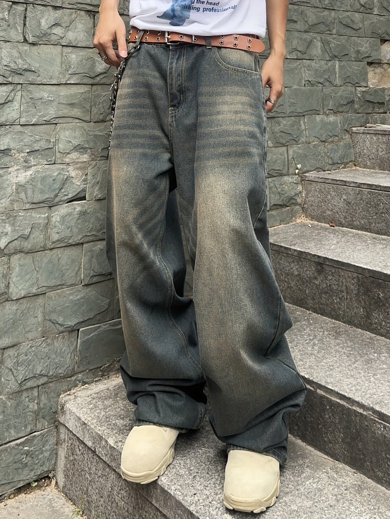 Vintage Washed Denim Jeans for Men - 85% Cotton 15% Polyester, Non - Stretch Fabric, Solid Color, Regular Length, All - Season, Loose Fit Style, Woven - Adult Casual Wide - Leg Pants - La Tienda Bella