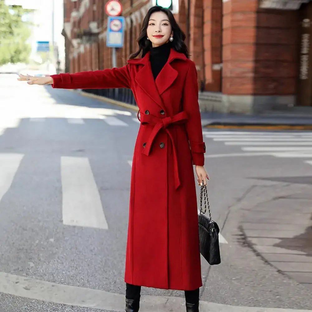 Elegant Double-Breasted Winter Coat with Waist Belt - Women's Fashion Woolen Jacket - La Tienda Bella