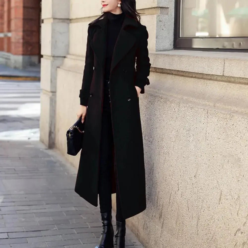 Elegant Double-Breasted Winter Coat with Waist Belt - Women's Fashion Woolen Jacket - La Tienda Bella