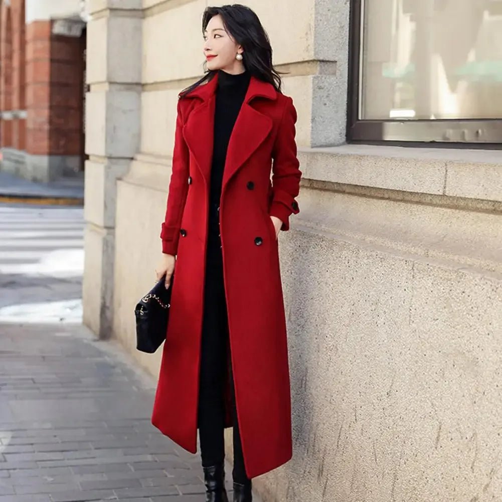 Elegant Double-Breasted Winter Coat with Waist Belt - Women's Fashion Woolen Jacket - La Tienda Bella