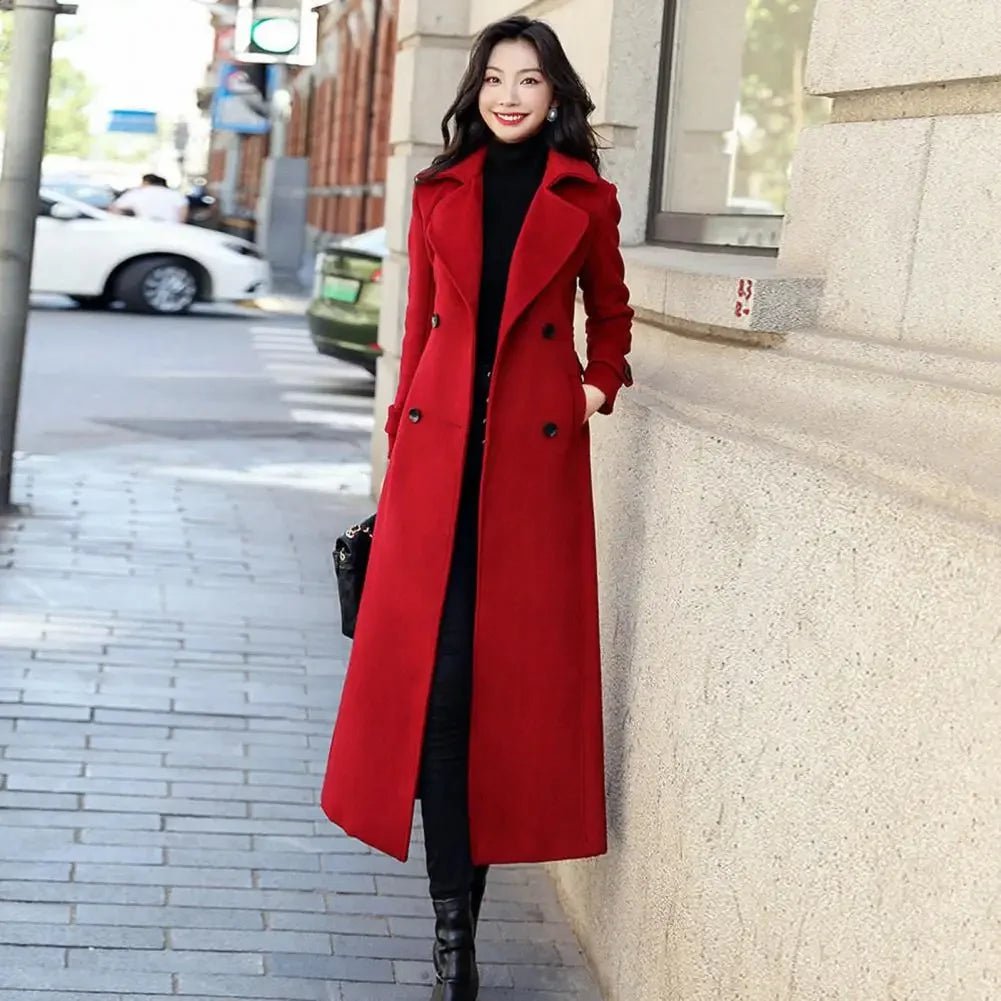 Elegant Double-Breasted Winter Coat with Waist Belt - Women's Fashion Woolen Jacket - La Tienda Bella