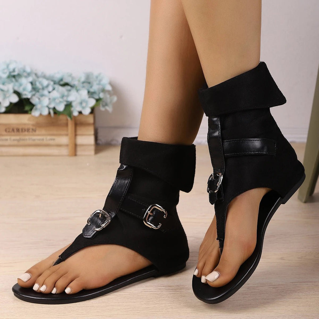 Women Sandals Denim Belt Buckle Large Size High Top Flat Boots New Summer Clip Toe Roman Sandals Dressy Casual Shoes Women - La Tienda Bella