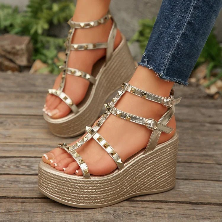 Women Sandals Summer Thick Sole Rivets Open Toe Platform Sandals Women Casual Wedge Roman Luxury New High Heels Shoes for Women - La Tienda Bella