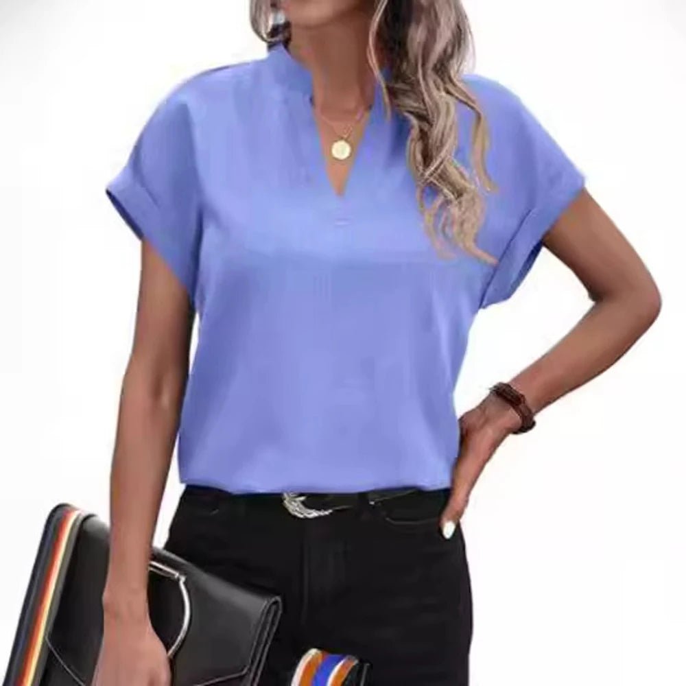Women V Neck Short Sleeve Solid Color Flax Blouse Tops Summer Female OL Workwear Blouse Tops - La Tienda Bella