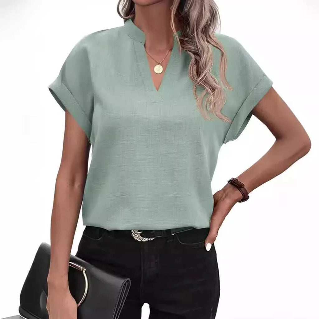 Women V Neck Short Sleeve Solid Color Flax Blouse Tops Summer Female OL Workwear Blouse Tops - La Tienda Bella