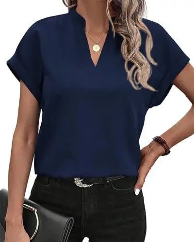 Women V Neck Short Sleeve Solid Color Flax Blouse Tops Summer Female OL Workwear Blouse Tops - La Tienda Bella