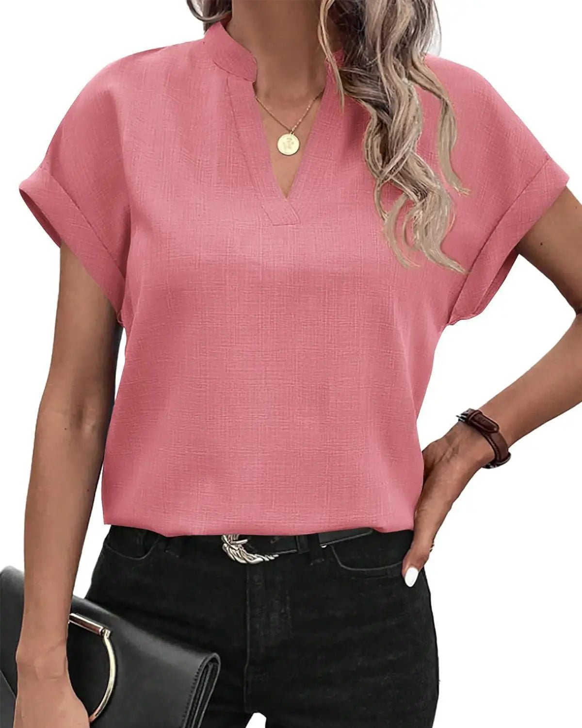 Women V Neck Short Sleeve Solid Color Flax Blouse Tops Summer Female OL Workwear Blouse Tops - La Tienda Bella