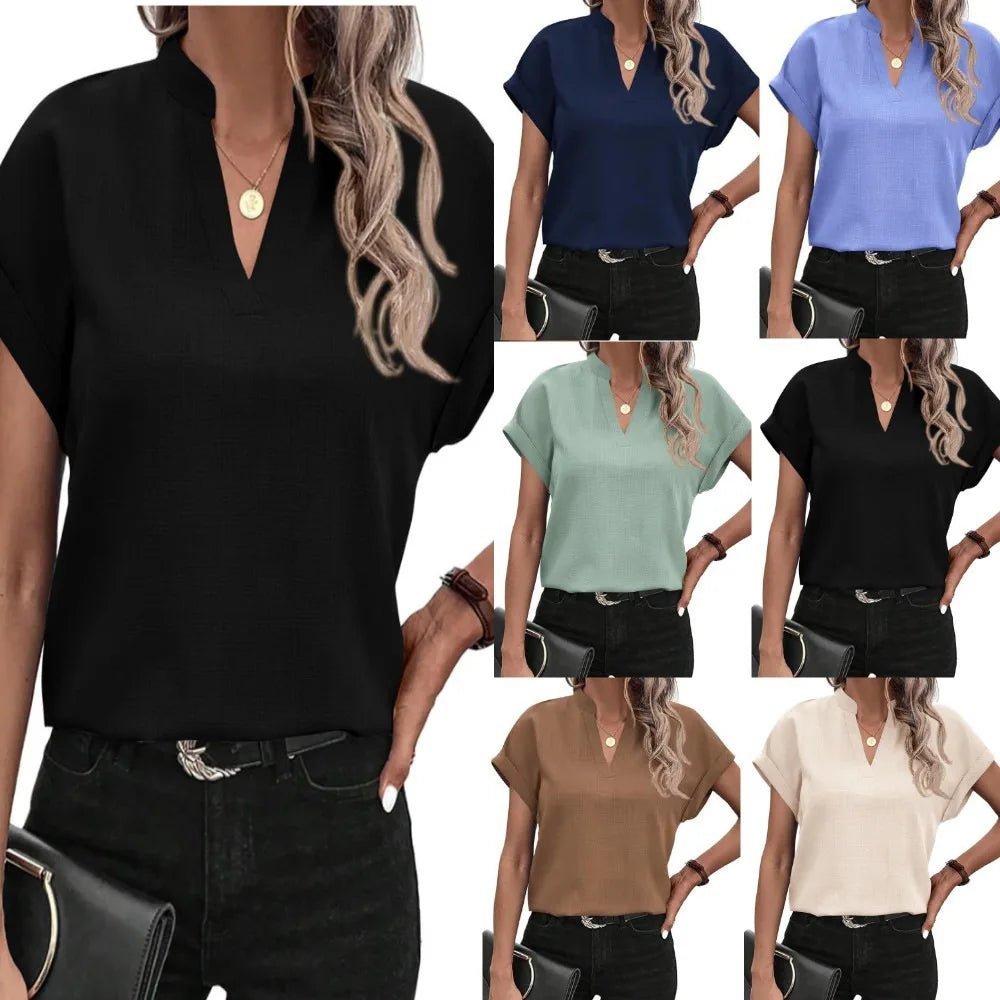 Women V Neck Short Sleeve Solid Color Flax Blouse Tops Summer Female OL Workwear Blouse Tops - La Tienda Bella