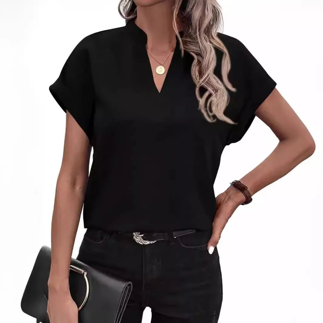 Women V Neck Short Sleeve Solid Color Flax Blouse Tops Summer Female OL Workwear Blouse Tops - La Tienda Bella