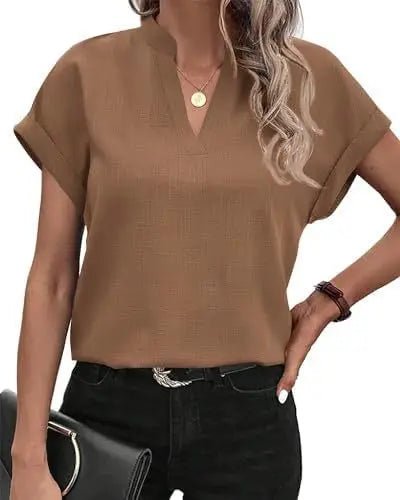 Women V Neck Short Sleeve Solid Color Flax Blouse Tops Summer Female OL Workwear Blouse Tops - La Tienda Bella