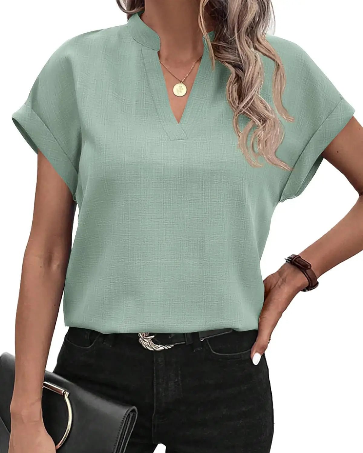 Women V Neck Short Sleeve Solid Color Flax Blouse Tops Summer Female OL Workwear Blouse Tops - La Tienda Bella