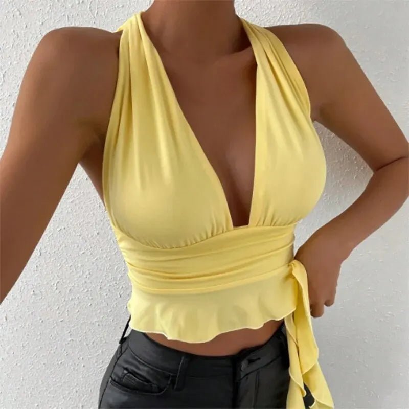 Women's Sexy Tight Fitting Deep V-neck Pleated Top Tight Fitting 2024 Spring Beach Resort - La Tienda Bella