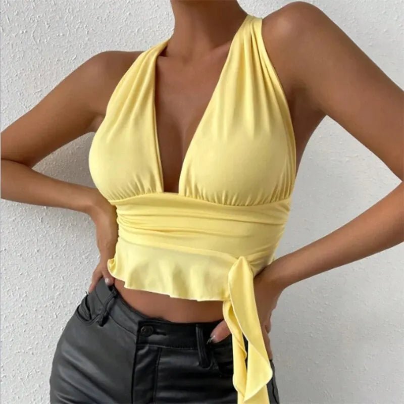 Women's Sexy Tight Fitting Deep V-neck Pleated Top Tight Fitting 2024 Spring Beach Resort - La Tienda Bella