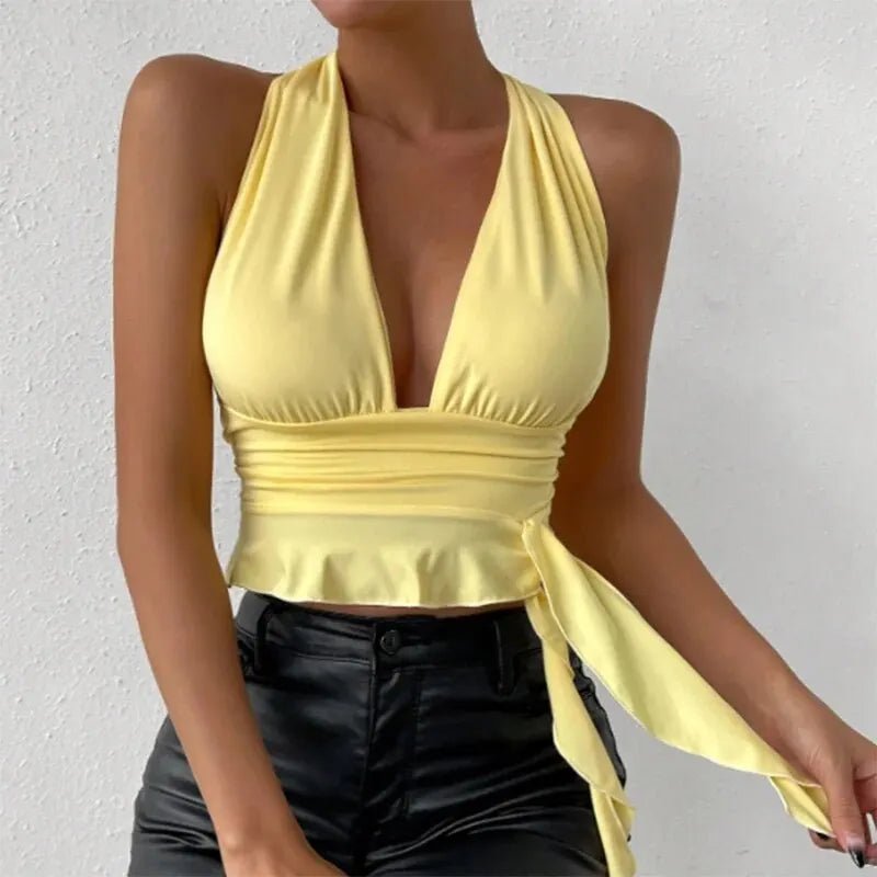 Women's Sexy Tight Fitting Deep V-neck Pleated Top Tight Fitting 2024 Spring Beach Resort - La Tienda Bella