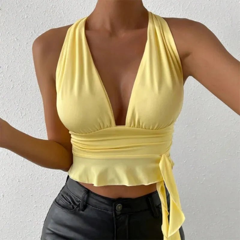 Women's Sexy Tight Fitting Deep V-neck Pleated Top Tight Fitting 2024 Spring Beach Resort - La Tienda Bella