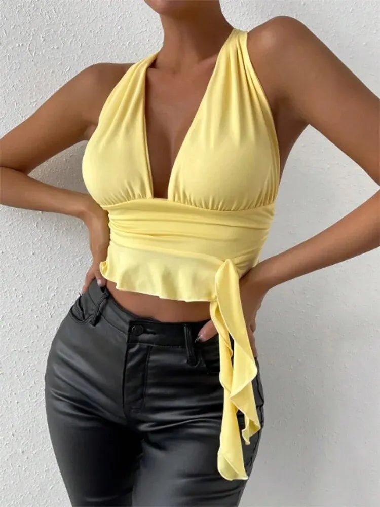 Women's Sexy Tight Fitting Deep V-neck Pleated Top Tight Fitting 2024 Spring Beach Resort - La Tienda Bella