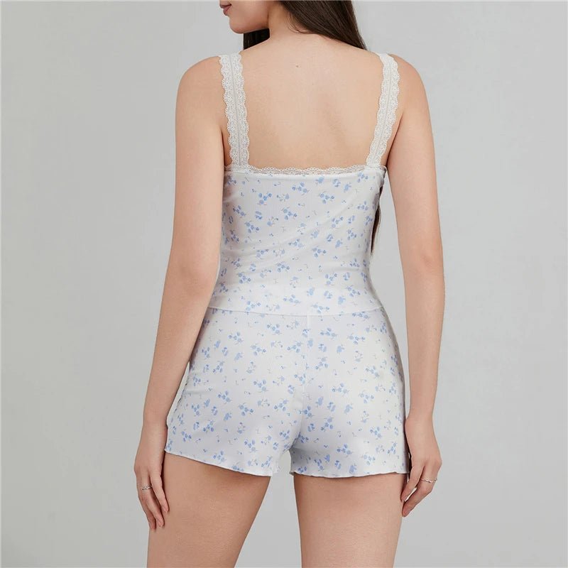 Women's Sleepwear Sexy Lace Trim Pajama Sets Nightwear Sleeveless Tops+Shorts 2Pcs Sets Pyjama Sets  - La Tienda Bella