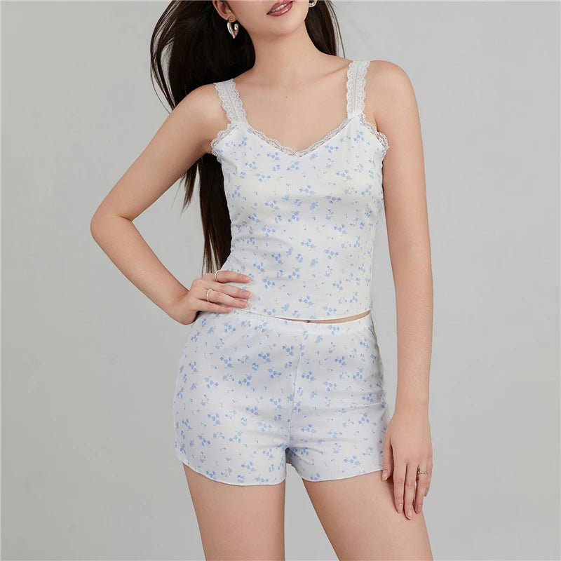 Women's Sleepwear Sexy Lace Trim Pajama Sets Nightwear Sleeveless Tops+Shorts 2Pcs Sets Pyjama Sets  - La Tienda Bella