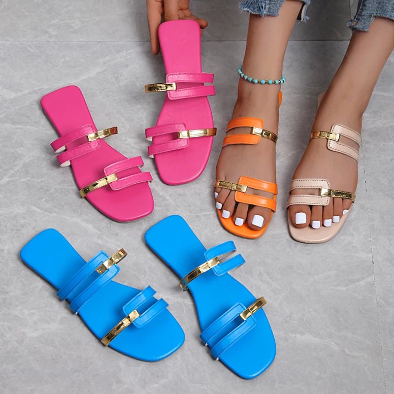 Women's Slippers 2023 Summer Gold Color Thin Belt Combination Square Head Flat Heel Female Plus Size Outdoor Beach Women Sandals - La Tienda Bella