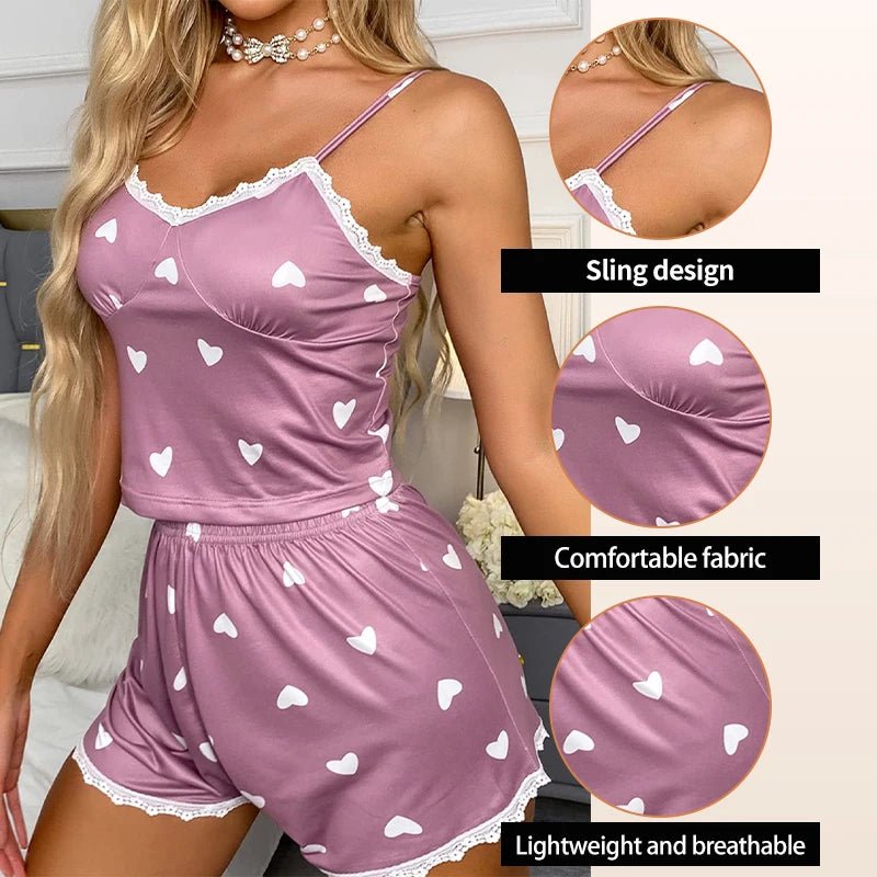 Women's Two-Piece V-Neck Suspender Lace Lace Printed Top and Shorts Women's Casual Printed - La Tienda Bella