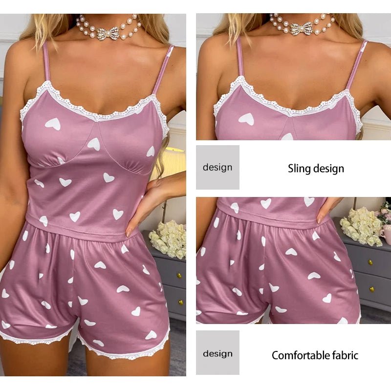Women's Two-Piece V-Neck Suspender Lace Lace Printed Top and Shorts Women's Casual Printed - La Tienda Bella