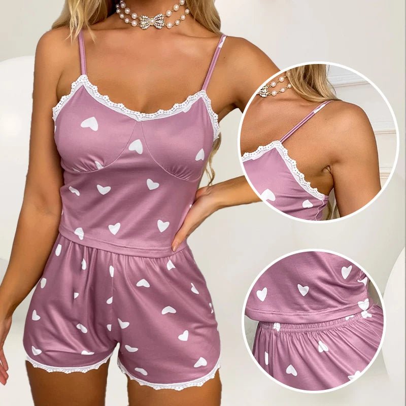 Women's Two-Piece V-Neck Suspender Lace Lace Printed Top and Shorts Women's Casual Printed - La Tienda Bella