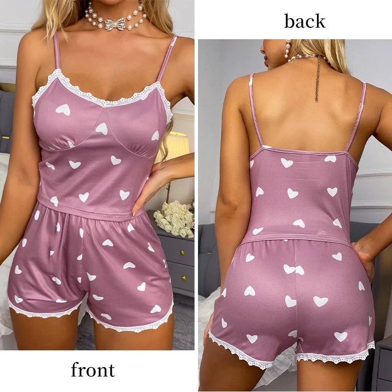 Women's Two-Piece V-Neck Suspender Lace Lace Printed Top and Shorts Women's Casual Printed - La Tienda Bella