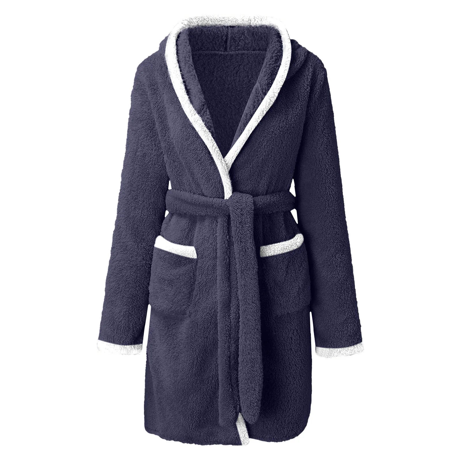 Women's Winter Plush Robe: Solid Color Nightgown with Pockets - La Tienda Bella