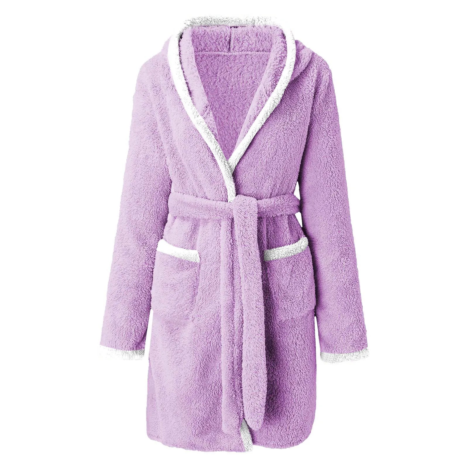 Women's Winter Plush Robe: Solid Color Nightgown with Pockets - La Tienda Bella