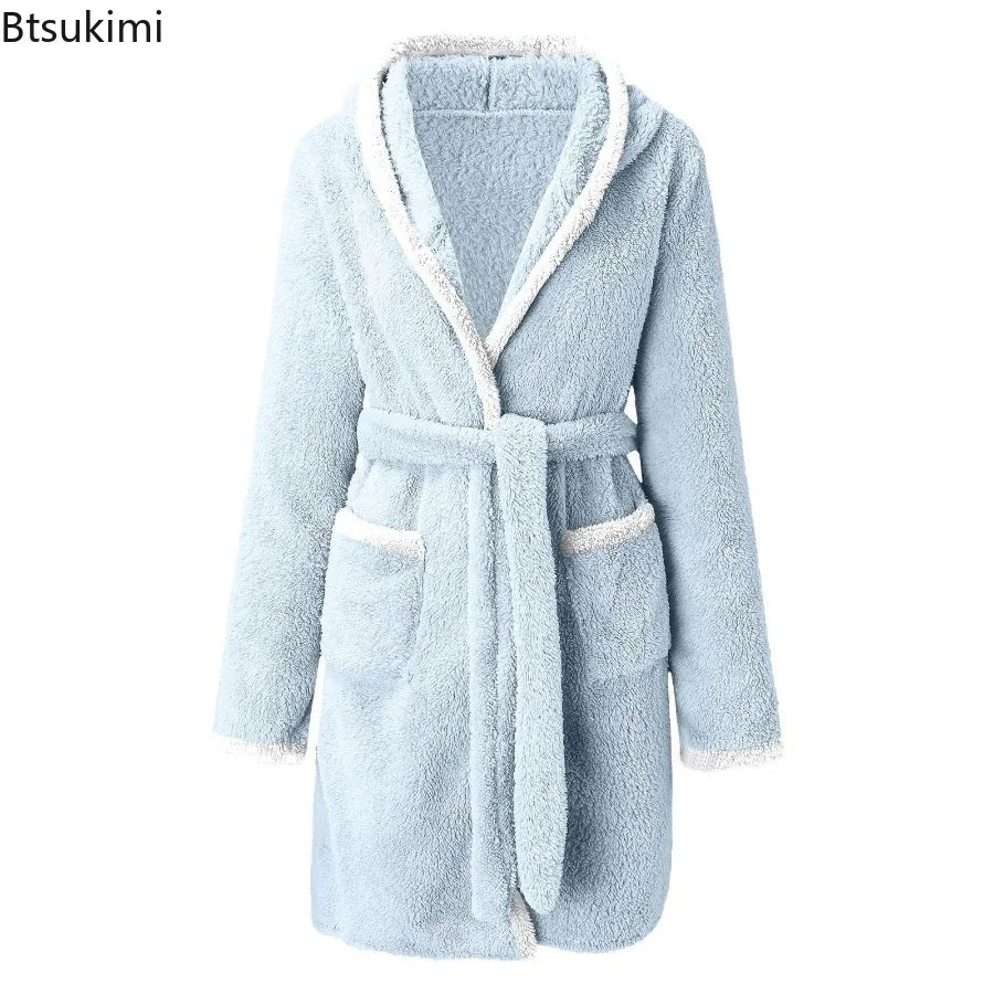 Women's Winter Plush Robe: Solid Color Nightgown with Pockets - La Tienda Bella