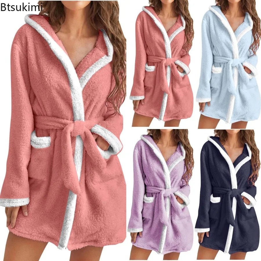 Women's Winter Plush Robe: Solid Color Nightgown with Pockets - La Tienda Bella
