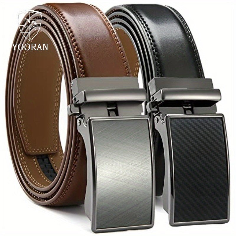 YOORAN Belt Men, 2 Pack Ratchet Belt Dress Adjustable 1 3/ 8" Genuine Leather Belt, Designer Belts for Men Metal Buckle, Belt Size Length Can be Cut, with Gift Box - La Tienda Bella