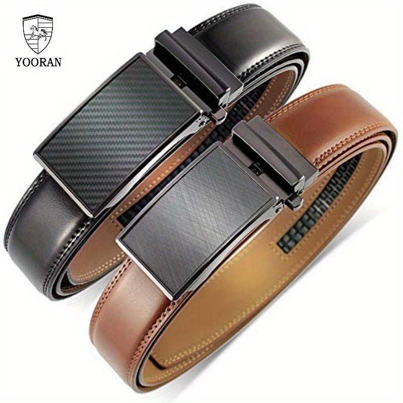 YOORAN Belt Men, 2 Pack Ratchet Belt Dress Adjustable 1 3/ 8" Genuine Leather Belt, Designer Belts for Men Metal Buckle, Belt Size Length Can be Cut, with Gift Box - La Tienda Bella