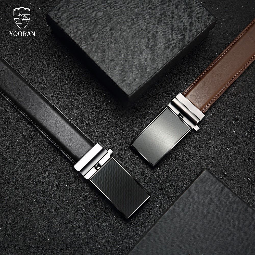 YOORAN Belt Men, 2 Pack Ratchet Belt Dress Adjustable 1 3/ 8" Genuine Leather Belt, Designer Belts for Men Metal Buckle, Belt Size Length Can be Cut, with Gift Box - La Tienda Bella
